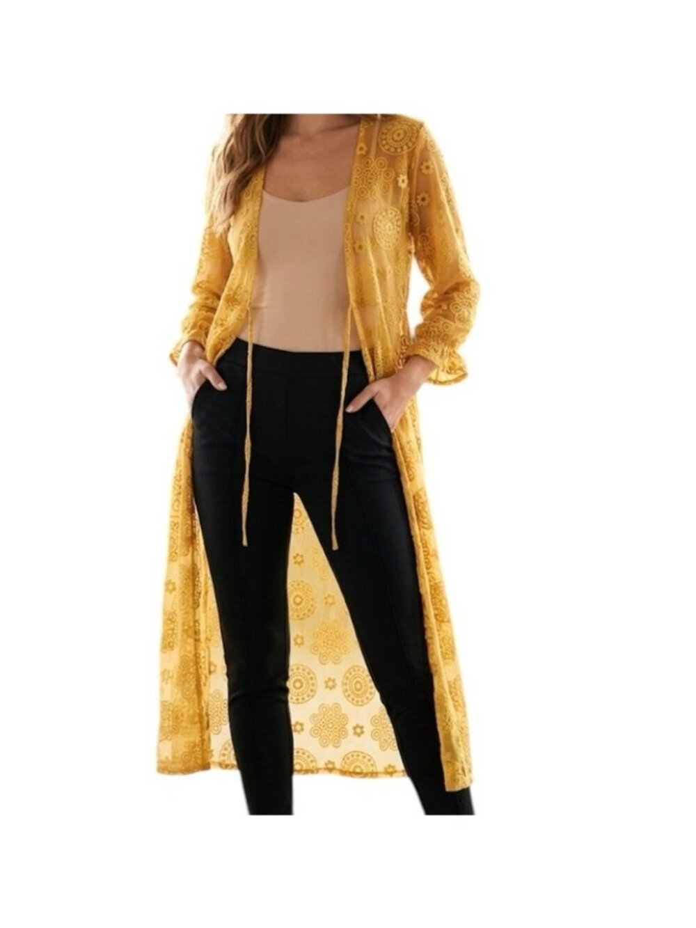 Ember Gold Floral Embroidered Sheer Lace Side Slit Duster Cardigan Size Medium